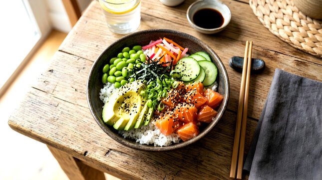 Fresh salmon poke bowl with avocado edamame and cucumber served in a ceramic bowl on a rustic wooden tabletop