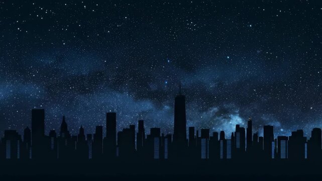 Nighttime cityscape silhouette against a starry sky with nebulae