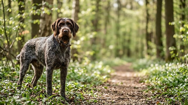 German wirehaired pointer standing on a trail in a sunny forest