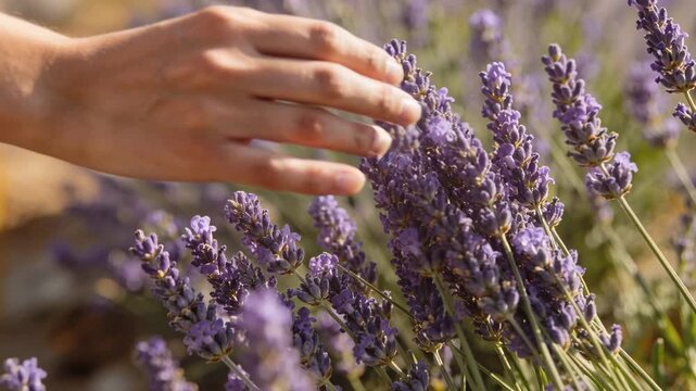 Approaching from left, right hand gathering lavender in sunlit patch, forming bundle, bare forearm
