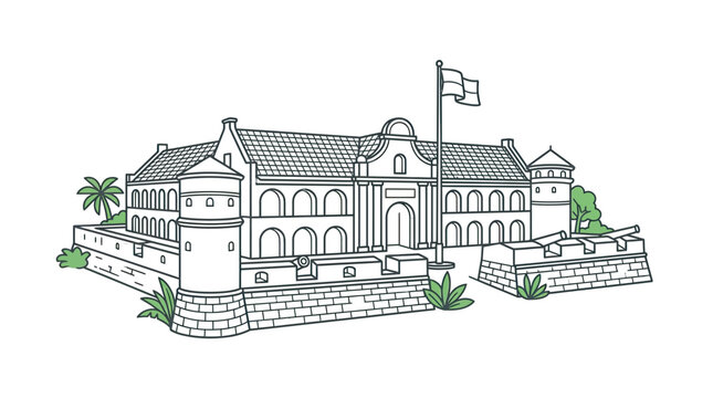 Historic Fort Illustration, Colonial Architecture, Landmark Building, Flag, Cannon