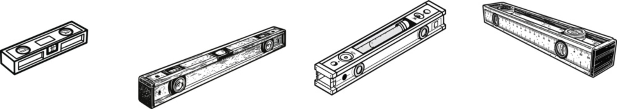 A classic black-and-white vector illustration of a traditional spirit level tool, showcasing its construction theme with high contrast design against a solid white background
