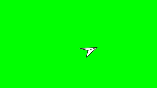 Animated white paper plane flying across a green screen background.