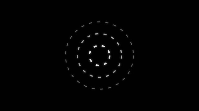 Abstract white concentric dashed circles expanding on a black background