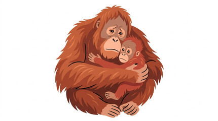 Mother Orangutan Hugging Baby Illustration on White Background © Lapak orang bejo