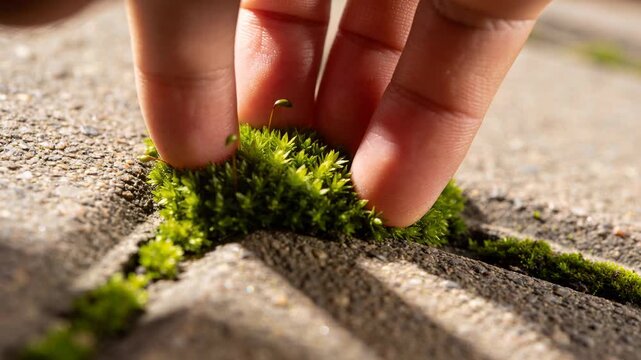 Hovering fingertips initiating touch, pressing and pinching green moss on pavers, examining stalks