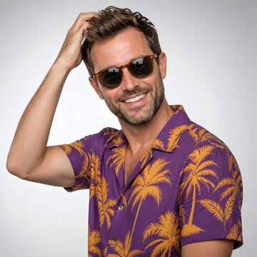 Portrait of a smiling man wearing sunglasses and a yellow tropical palm tree shirt against a blurred sunny beach background, symbolizing summer vacation and travel.