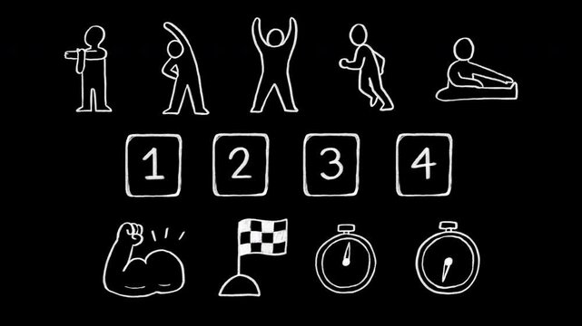 Hand-drawn chalk gym fitness wiggle icon animation &mdash; stick figure, stretching, running, jumping, set number, muscle, checkered flag, stopwatch, seamless loop, transparent background, alpha channel