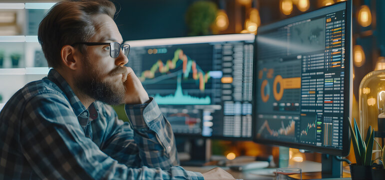 Financial analyst working on digital investment charts modern fintech office productivity scene