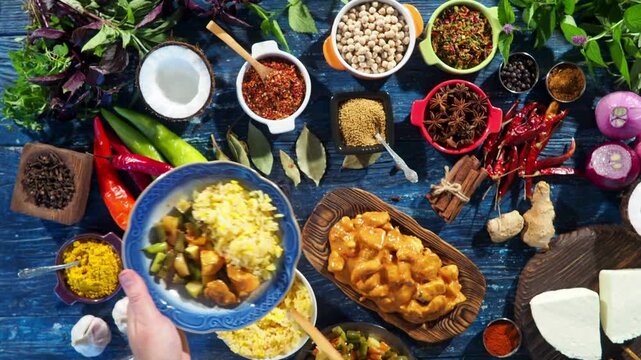 4K Video top view overhead shot of traditional Indian food table serving spicy chicken curry tikka masala dish with yellow saffron basmati rice vegetables and various spices ingredients layout flat