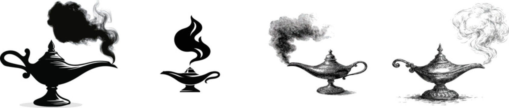 A detailed black and white vector icon of Aladdins magic lamp with a large puff of mysterious smoke rising from the spout, isolated on a solid white background