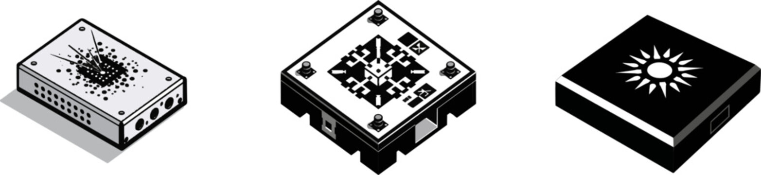 A sleek, black-and-white vector icon of a portable quantum drive storage module with laser core graphics, set against a clean, solid white background