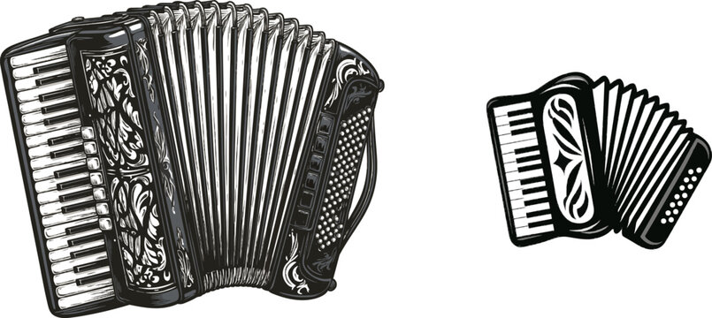 A detailed black and white vector illustration of an intricately designed piano accordion, showcasing its musical keys and bellows against a solid white background