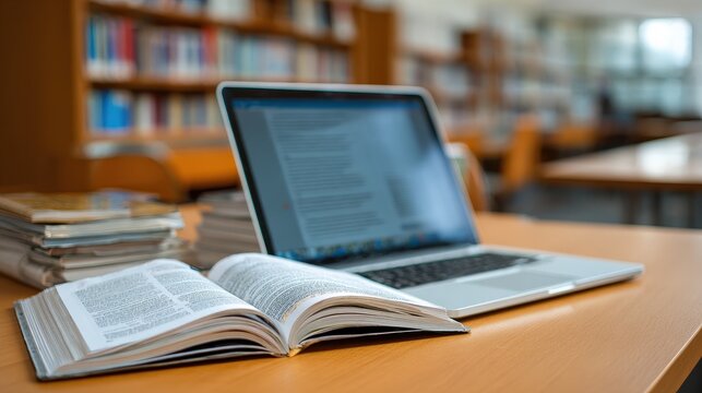 E-learning online education or internet encyclopedia concept. Open laptop and book compilation in a classroom.