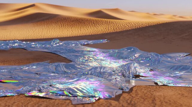 Iridescent reflective sheet spread across sunlit desert dunes with low ground viewpoint