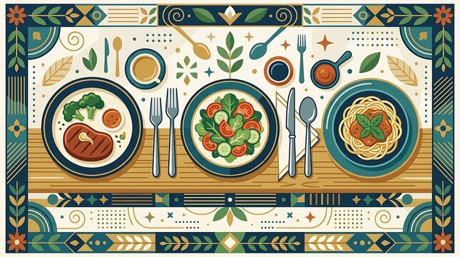 Colorful dinner table setting with steak salad and pasta