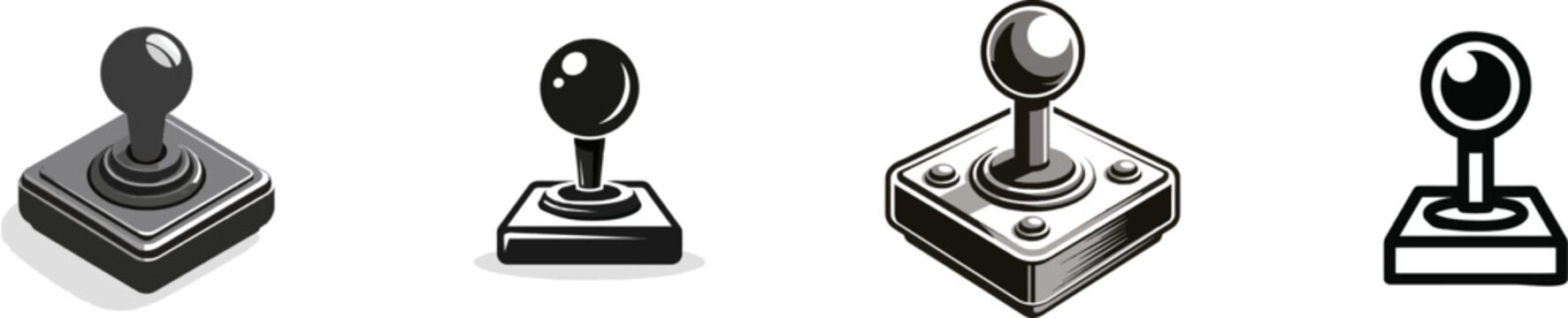 A sleek black joystick icon with clean lines and a minimalist design, set against a pristine white background, exudes a modern, high-tech aesthetic