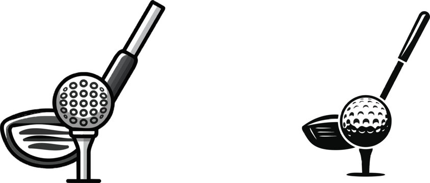 A monochrome vector icon of a golf club driver poised to strike a dimpled golf ball atop a tee against a clean, white background