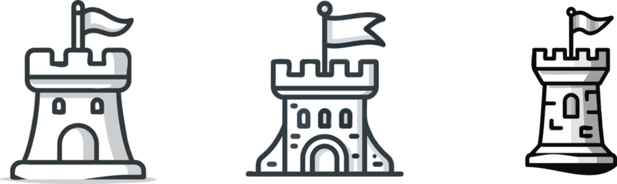 A classic medieval castle tower stands proudly against the sky, its clean lines and flag fluttering in the breeze