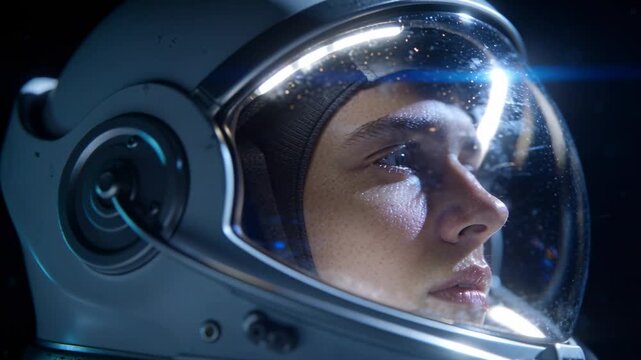Reacting to ring light, helmeted astronaut tracking light inside spacecraft cabin, visor glare