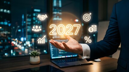 Fototapeta premium Businessman holding a glowing 2027 hologram with futuristic business strategy and financial management icons.