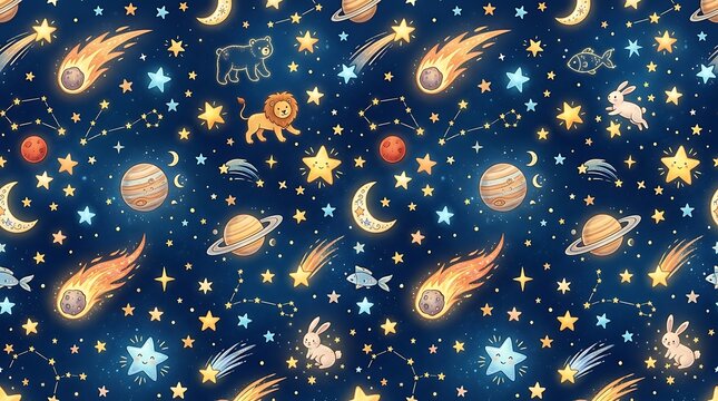 Childish seamless pattern of stars planets and animal constellations