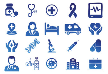 Fototapeta premium Medical and pharmacy icon set with lab equipment healthcare symbols and scientific research signs