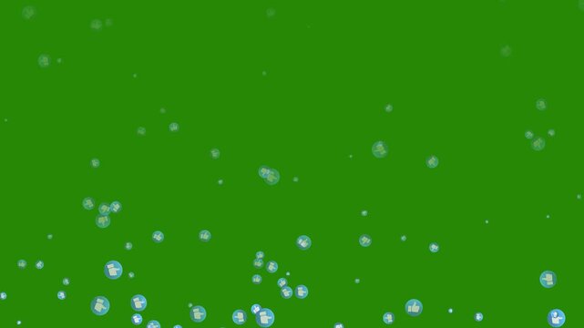 Live streaming animated hearts like emoji stream reactions, social media thumb icon, flying animation footage, green background