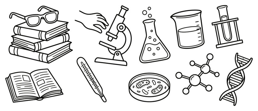 Hand drawn science equipment and biology elements including books microscope test tubes and dna structure on a white background