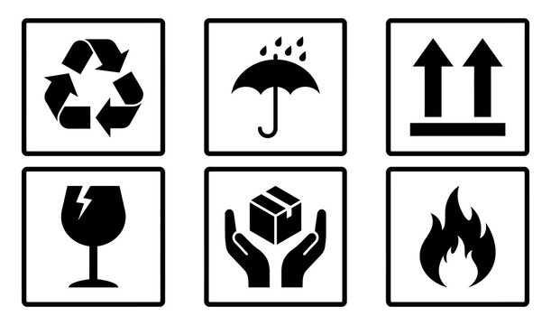 Set of six black shipping and handling symbols on white backgrounds representing fragile goods recycling and fire hazards