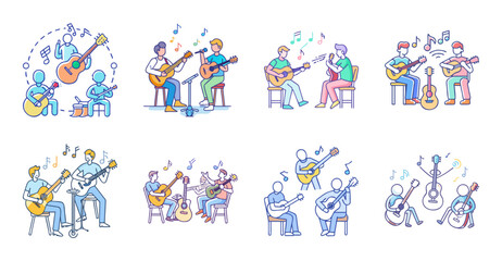 Fototapeta premium Happy people dancing with mobile phones - Colorful illustration of joyful individuals dancing while holding mobile phones, celebrating together in a fun and lively setting.