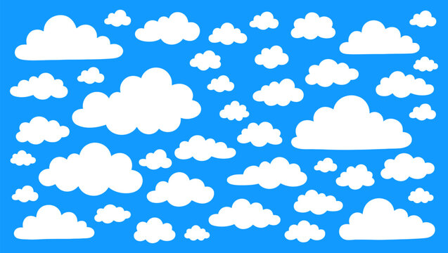 Collection of fluffy white clouds against a bright blue sky background a cheerful vector illustration for weather and atmospheric designs