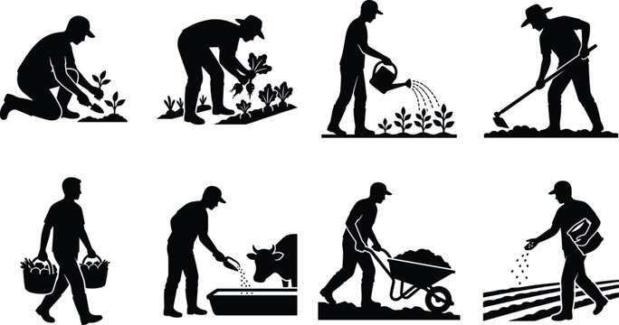 Farmers Working in Agriculture Silhouette Set Showing Planting, Watering, Harvesting, and Livestock Care