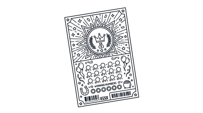 Line art illustration of a lottery scratch card ticket with lucky symbols and crown