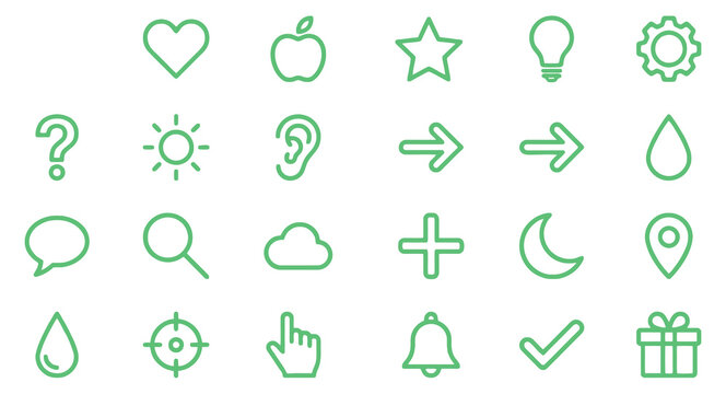 Collection of light green line icons representing various concepts including heart apple star and speech bubble on a white background
