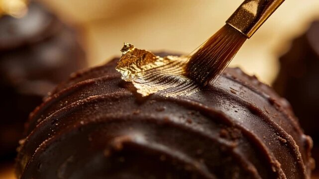 Smoothing flat brush pressing gold leaf onto truffle on parchment for serving as brush approaching