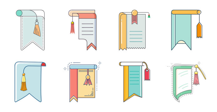 Colorful bookmark ribbon set with icons - Bright and playful set of bookmarks featuring ribbons with integrated icons in various colors and styles.