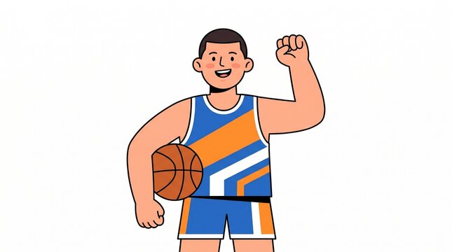 Flat vector illustration of a strong basketball player holding a ball and raising his fist in celebration