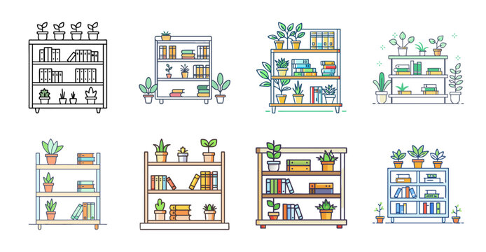 Illustrated modern house interior icons set - Bright vector icons showing different stylish home interior rooms and furniture layouts for design projects.