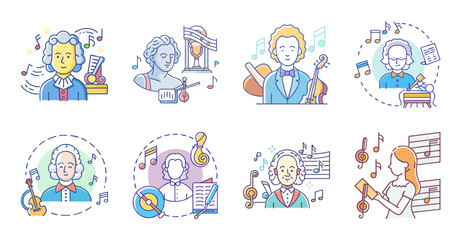 Fototapeta premium Flat cartoon people using laptops and phones together - Illustrated vector icons of diverse people collaborating with laptops, phones, and tablets in a modern workspace setting.