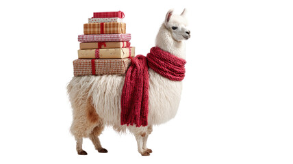 Fototapeta premium Adorable white llama wearing red knitted scarf carrying stacked Christmas gift boxes festive holiday concept isolated on white background