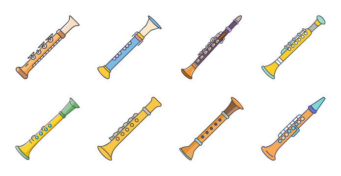 Colorful brass musical instruments set - Brightly colored brass instruments including trumpets, trombones, and tubas arranged in a row for illustration