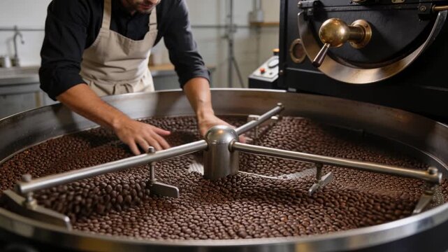 Handling operator spreading beans on cooling tray post-roast dump with rotating arm in beige apron