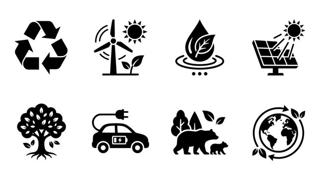 Eco friendly sustainability icons set, green energy and renewable resource vector symbols, black environmental conservation signs for ecology projects