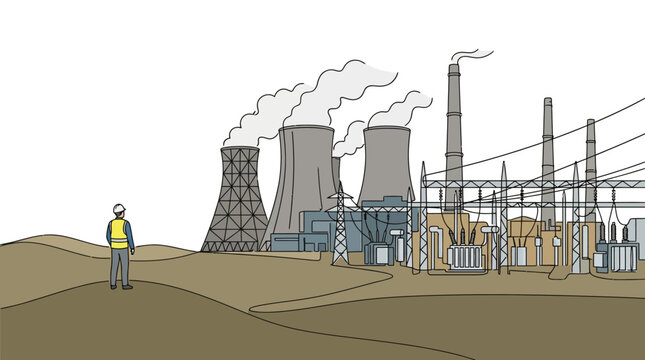 A construction engineer observing a power plant facility in the field.