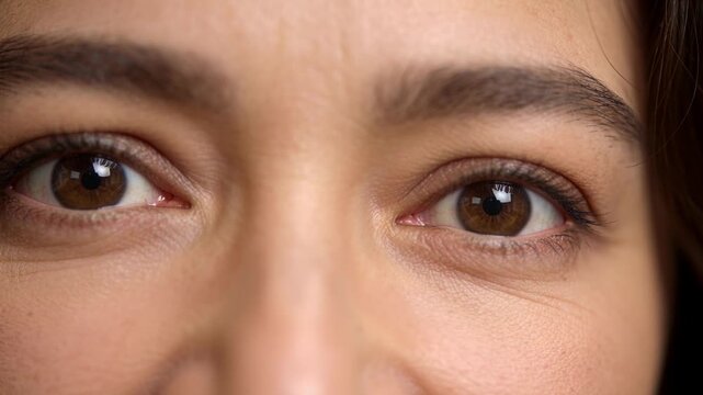 Reacting to rectangular light, adult woman narrowing blinking opening eyes in studio, catchlights