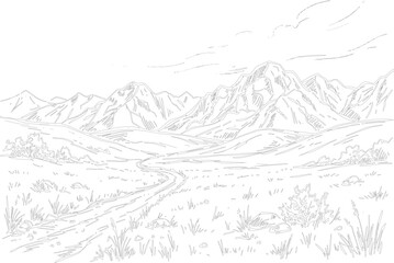 Obraz premium A scenic landscape of mountains and a winding road through grassy hills