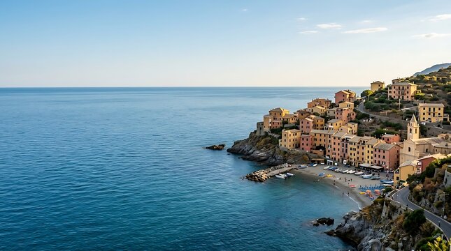 Scenic coastal village with colorful houses on a rocky cliff