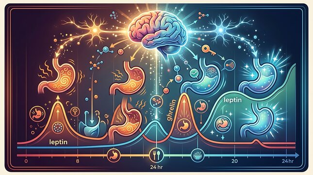 Hunger hormone cycle infographic of brain and stomach connection