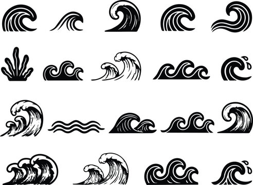 Collection of black wave graphics isolated on transparent background